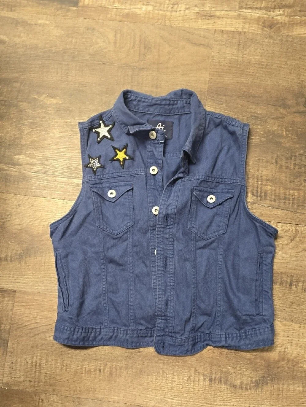 Authentic Icon Navy Star Appliqué Denim Vest With Pockets